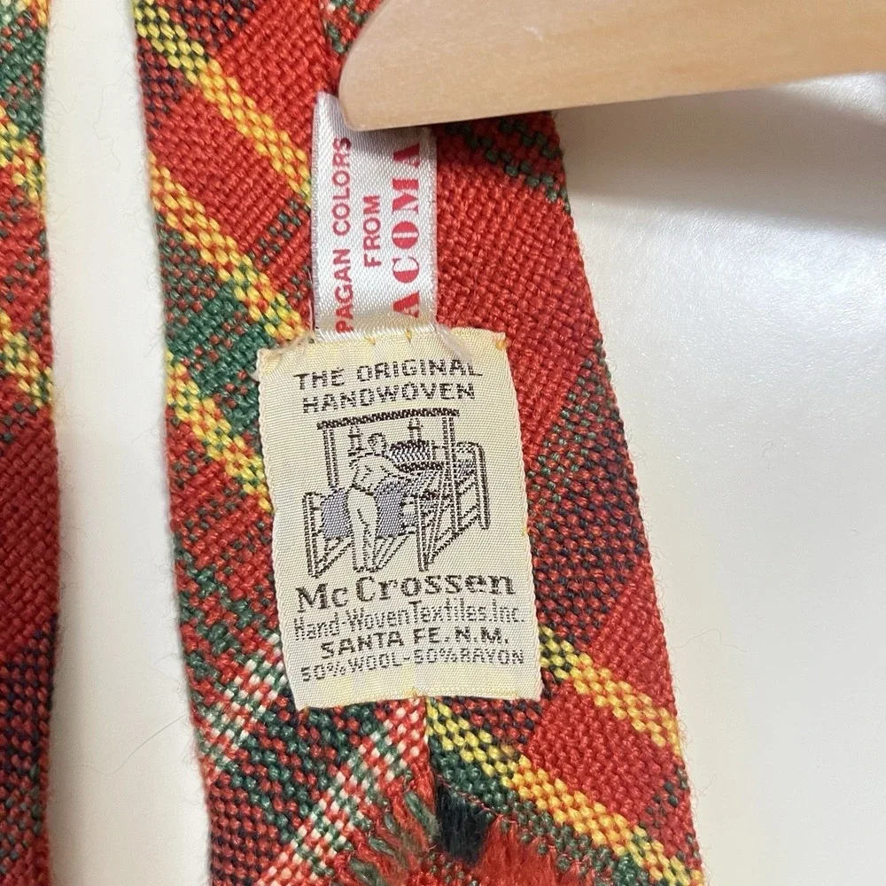 Rare McCrossen Vintage Handwoven Wool Blend Plaid Tie Red Green‎ Santa Fe NM